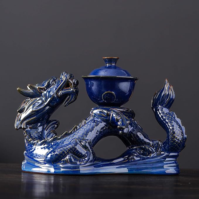 Semi Automatic Tea Set Ceramic Teapot with Infuser Magic Teapot with 8 cups (dark blue dragon-a)