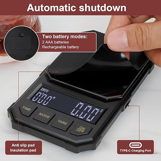 Coffee Espresso Scale with Timer, Digital, Automatic, Mini, Rechargeable, for Barista, 0.3-2000g/0.1g