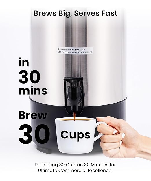 SYBO SR-CP30C Commercial Grade Stainless Steel Percolate Coffee Maker, Hot Water Urn for Catering, Hot Beverage Dispenser, 30-Cup, 3.5L, Metallic