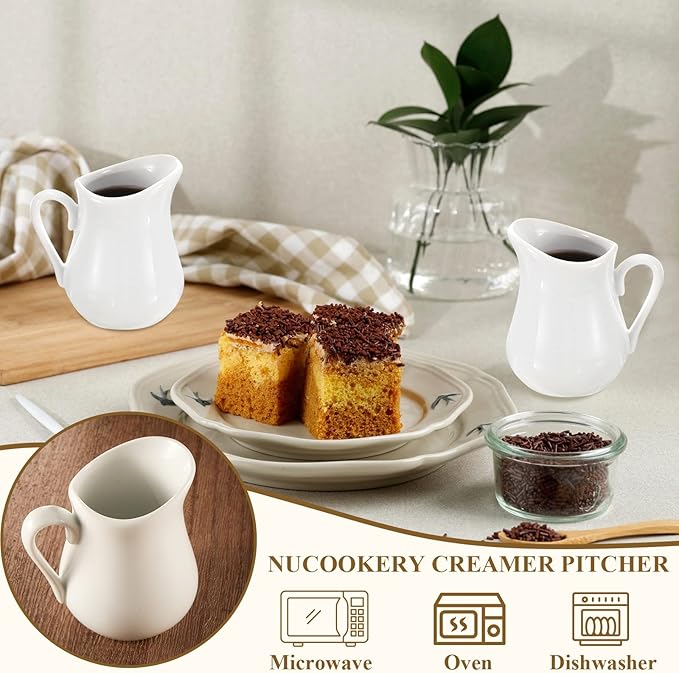 Nuanchu 6 Pcs 4.5 oz Small Creamer Milk Pitcher, Classic White Porcelain Creamer with Handle, Ceramic Maple Syrup Dispenser, Coffee Dairy Container for Milk Sauce Salad, Microwave