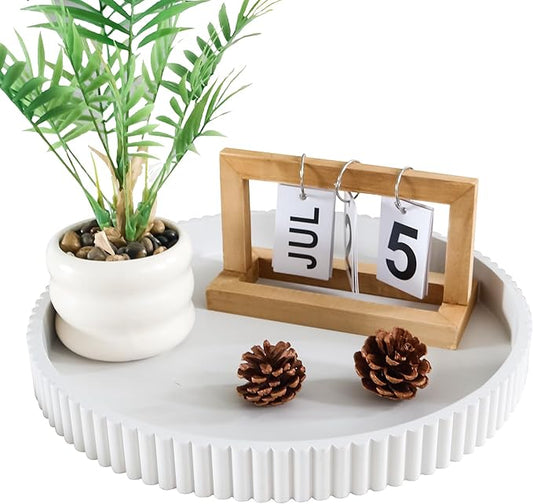 Round Decorative Tray for Coffee Table Decor, 11.8in White Decorative Serving Tray for Kitchen Counter,bandejas decorativas, Wooden Serving Tray for Party