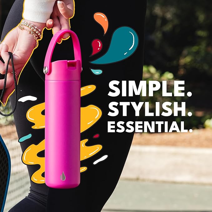Elemental 24oz Insulated Water Bottle with Straw - 100% Leak-Proof Stainless Steel Core Water Bottles for Travel, Sports and Gym - Double Wall Insulation & BPA Free - Hot Pink