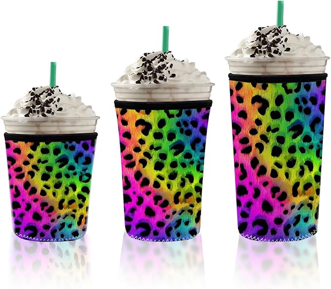Rainbow Leopard Iced Coffee Sleeve Set Rainbow Leopard Iced Coffee Sleeve Set of 3 Colorful Neon Animal Print Insulated Coffee Sleeve for Women & Gifts Fits S/M/L 3-Pack