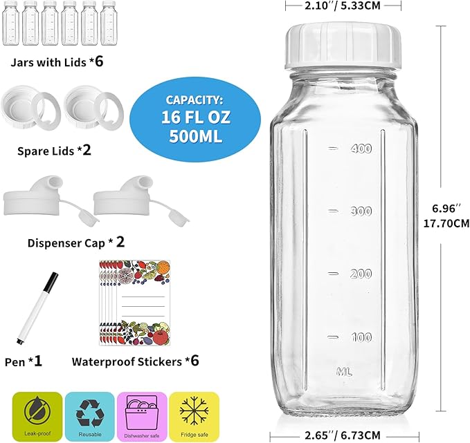 6 Pack 16 Oz Glass Juice Bottles with 2 Pour Spouts, 100% Airtight Heavy Duty SCREW Lid- Reusable Glass Milk Bottles w Scale Mark, Square Drinking Jar Juice Container Breast Milk Pitcher(Extra 2 Lid)