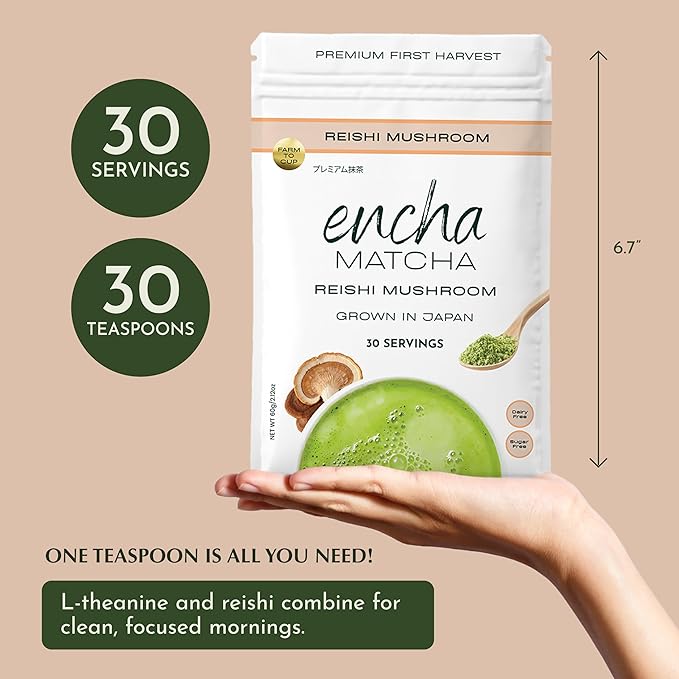 Encha Matcha Latte Powder - Reishi Mushroom Matcha Powder - First Harvest - Premium Japanese Macha - 60g / 2.12oz
