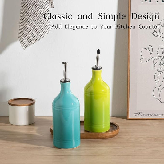 Sweejar Ceramic Olive Oil Dispenser Bottle Set, Opaque Oil Cruet Protects to Reduce Oxidation, Suitable For Storage Of Vinegar, Soy Sauce & Other Liquids,Pack of 2,15.5 Fl Oz（Gradient Blue & Green）
