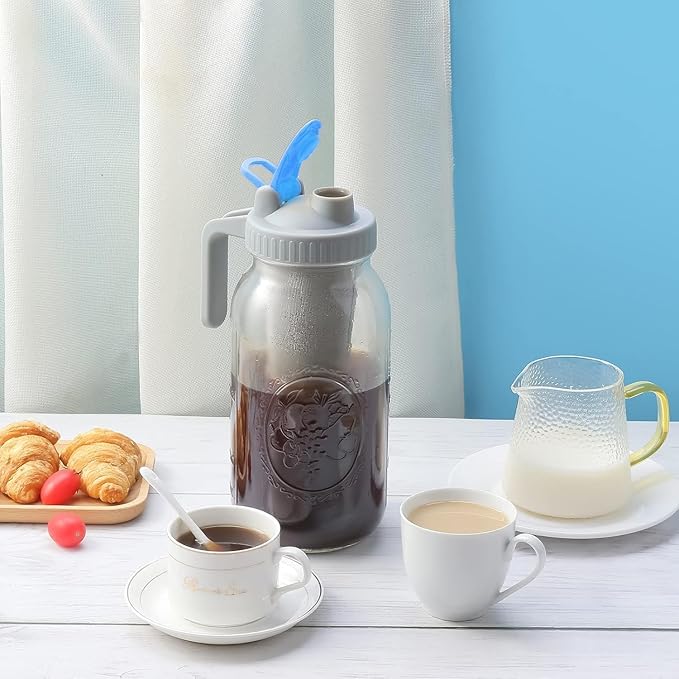 Coffee Strainer Stainless Steel Mesh Filter- 2 Quart (64 oz)- 2pcs Wide Mouth Flip Cap Lids with Handle for Ball Mason Jar (Blue & Yellow), Suitable for Cold Brew, Lemonade, Iced Tea and Iced Coffee