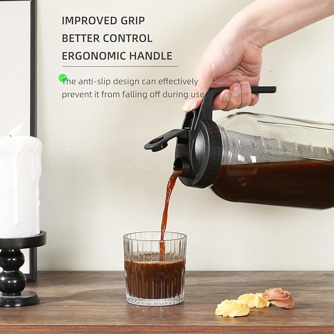 64 oz Cold Brew Coffee Maker, Glass Mason Jar Pitcher with Pour Spout Handle Lid with Stainless Steel Filter with Cleaning Brush, for Ice Tea, Leak Proof Half Gallon Storage Container (Black)