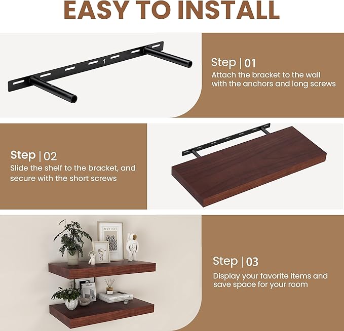 Floating Shelves, 9.3 Inch Deep Floating Shelves for Wall, Solid Wood Shelves 24 Inch Long, Deep Wall Shelves for Living Room, Bathroom, Kitchen, 24"W x 9.3"D x 1.6"H, Red Brown, Set of 2