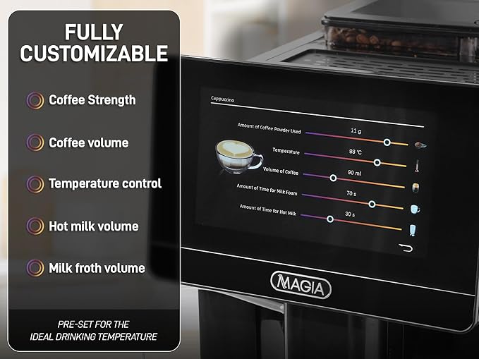 Zulay Kitchen Magia Ultra LUX Super Automatic Espresso Machine, Bean-to-Cup Coffee Maker with Built-In Grinder, Automatic Milk System, 19 One-Touch Specialty Drinks, Touchscreen, Black