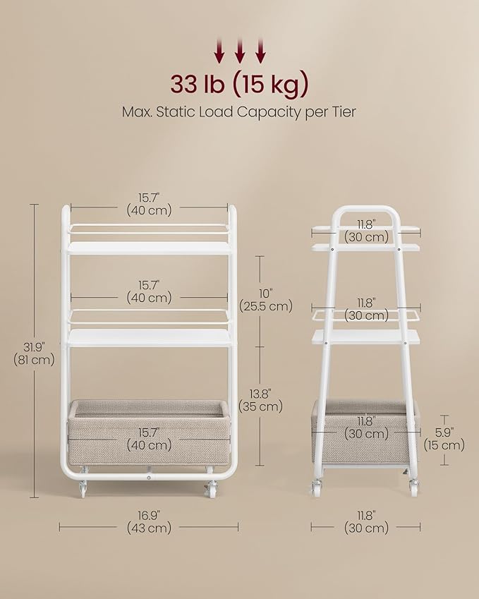 VASAGLE LILEA Collection - Storage Cart with Fabric Basket, 3-Tier Rolling Utility Cart with Wheels and Shelves, for Living Room Bedroom Kitchen, Cloud White and Camel Brown ULRC001WB01