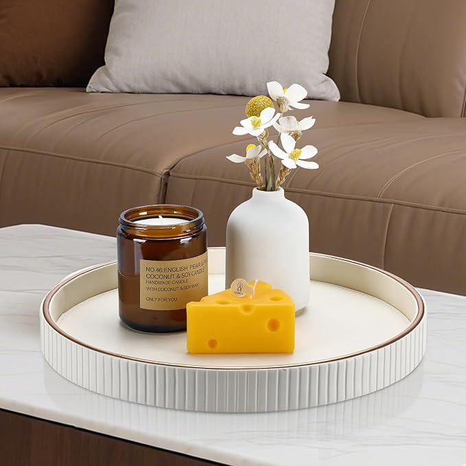 KINGFOM Round Decorative Tray, PU Leather Vanity Tray Organizer with Gold Trim for Dresser, Coffee Table & Bathroom Counter, Modern Home Decor Jewelry & Perfume Tray for Men Women (Ivory White)