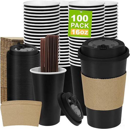 16 oz PLA Black Compostable Cups 100 Packs Heavy Duty Biodegradable for Coffee Shops Food Trucks Takeout