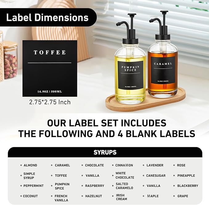 Coffee Syrup Dispenser for Coffee Bar, Coffee Syrup Pump Dispenser, Glass Syrup Bottle with Black Upgraded Pump, 4 Pack 16.9 oz 500 ml Syrup Dispensers, 28 Labels and 2 Bamboo Tray