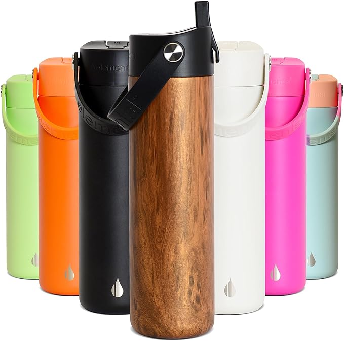 Elemental 24oz Insulated Water Bottle with Straw - 100% Leak-Proof Stainless Steel Core Water Bottles for Travel, Sports and Gym - Double Wall Insulation & BPA Free - Teak Wood