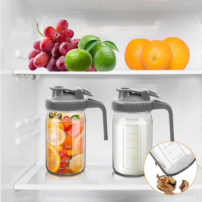 1Pc Wide Mason Jar Pitcher,32oz Glass Pitcher with Lid Double Leak-proof with Handle Water Jug Wide Mouth Breast Milk Fridge Container for Water, Juice (32oz Grey)