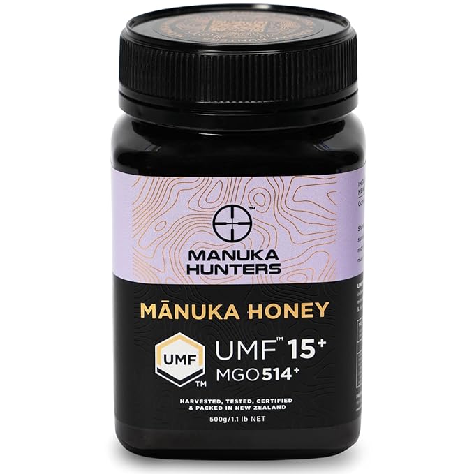 Manuka Hunters UMF 15+/MGO 514+ Certified New Zealand Manuka Honey - 100% Pure Natural Sweetener - Gluten, Dairy Free - Ideal for Tea, Coffee, Smoothies, and Baking - Sustainable - 1.1lbs/500g Jar