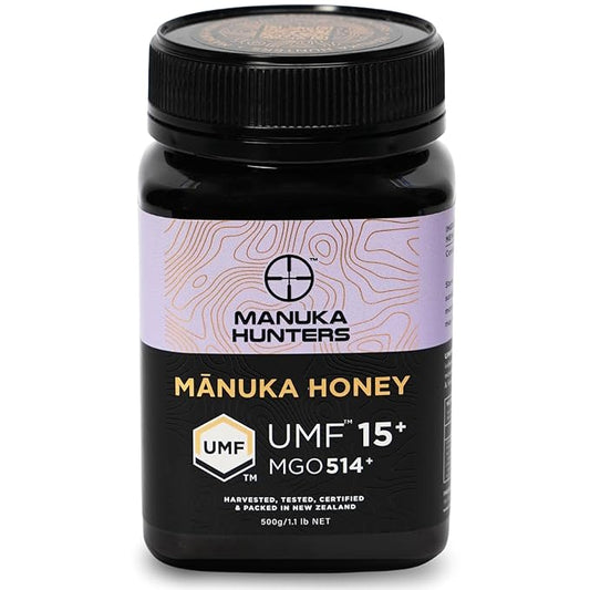 Manuka Hunters UMF 15+/MGO 514+ Certified New Zealand Manuka Honey - 100% Pure Natural Sweetener - Gluten, Dairy Free - Ideal for Tea, Coffee, Smoothies, and Baking - Sustainable - 1.1lbs/500g Jar
