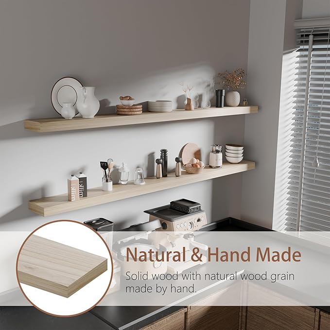 60 inch Long Floating Shelves for Wall,Solid Wood Long Shelves Set of 2,Natural Rustic Mounted Shelves for Bathroom Living Room (Natural, 60 Inch)