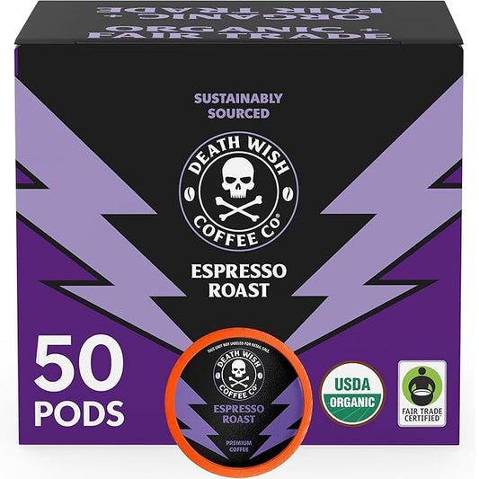 Death Wish Coffee, Espresso Roast Single Serve Coffee Pods - Fair Trade and Organic (50 Count)