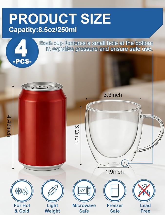 Set of 4 Double Walled Glass Coffee Mugs with Handles, 8.5oz Clear Coffee Mugs for Hot/Cold Beverages, Insulated Borosilicate Glass Cups for Cappuccino, Espresso, Latte, Tea, Milk, Microwave Safe