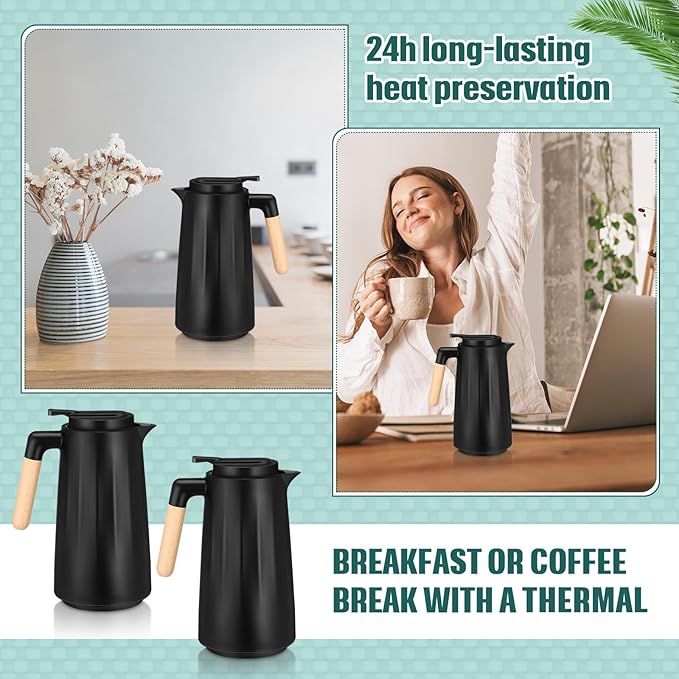 2 Pcs 34 oz Thermal Coffee Carafe for Keeping Hot/Cold Double Wall Vacuum Carafe with Insulated Glass Liner and Wood Handle Coffee Pot Container for Drinks Milk Tea Chocolates(Black)