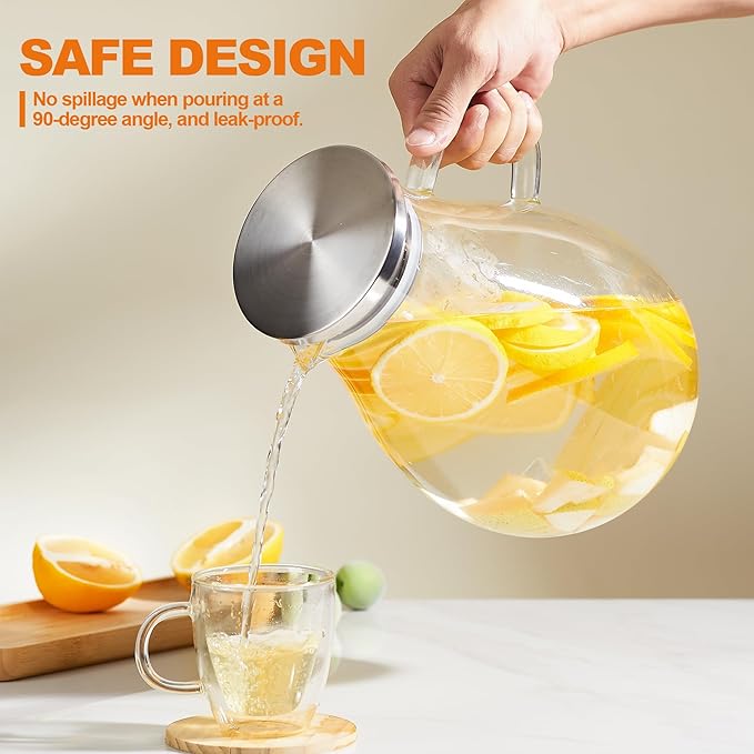 1 Gallon Glass Pitcher with Lid and Handle, Hot & Cold Water Jug, Extra-Wide Mouth Beverage Carafe for Juice, Iced Tea & Drinks