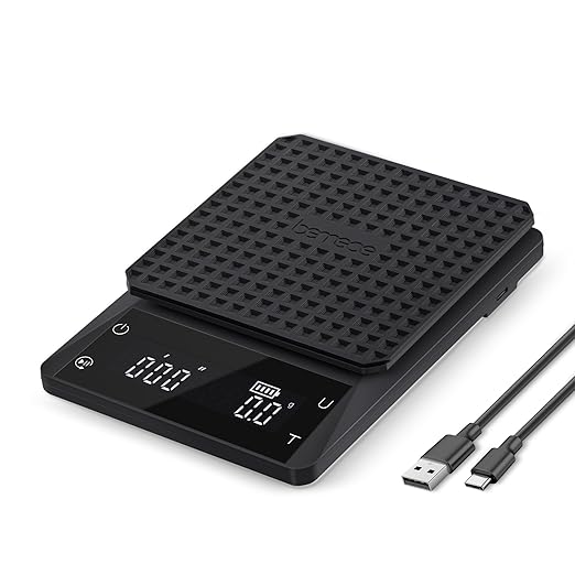 bemece 0.1g Precision Coffee Scale with Timer, Digital Espresso Scale with Back-Lit LCD Display, IPX6 Waterproof Drip Espresso Scale, 3 Units of Measurement for Espresso, French Press, Kitchen Use