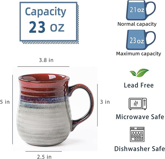 23 oz Large Ceramic Coffee Mugs, Handmade Cup with Large Handle, Big Tea and Coffee Cups for Office and Home, Microwave and Dishwasher Safe (Ink Red)