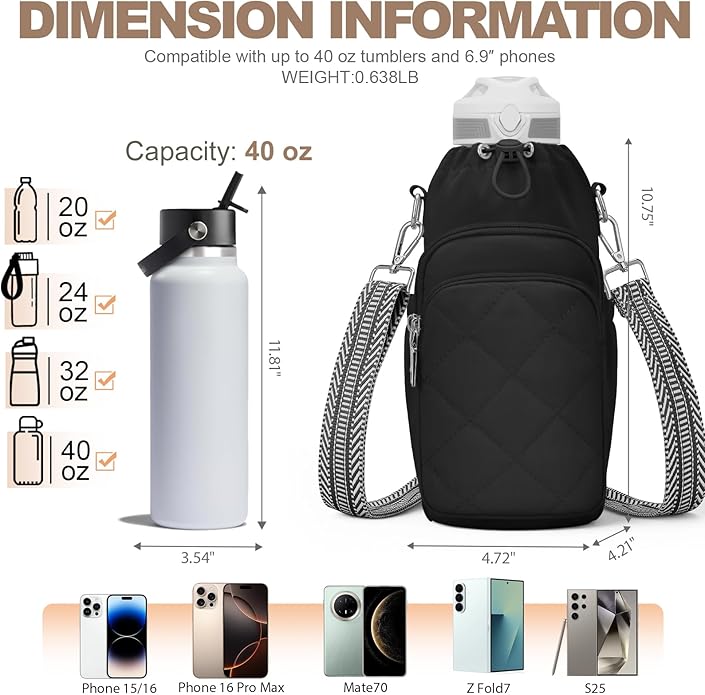Water Bottle Bag Crossbody，Insulated Water Bottle Purse Crossbody Water Bottle Holder with Strap 40 oz
