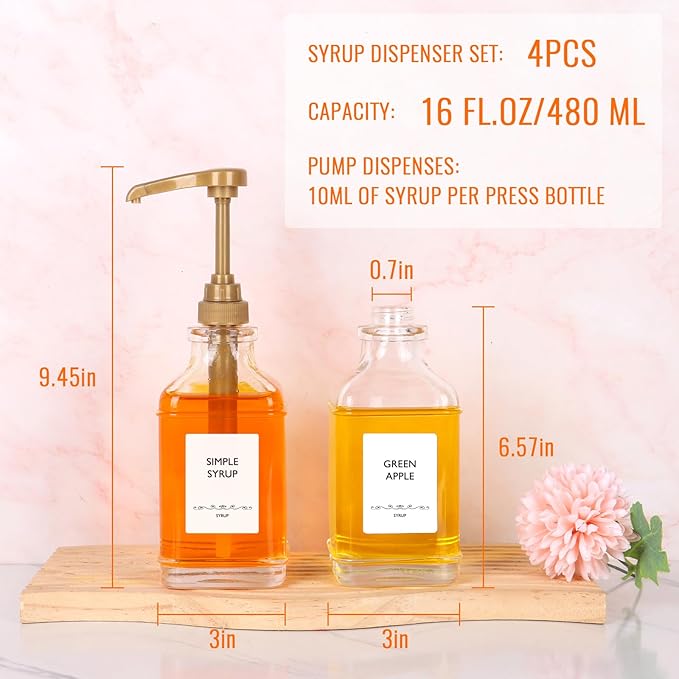 SZUAH 16oz Coffee Syrup Dispenser with Pumps 4pack(480ml), Leak-Proof Syrup Dispensers for Coffee Bar, Kitchen Use with Stickers