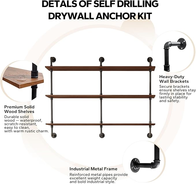 3-Tier Industrial Pipe Floating Shelf – Rustic 60 inch Wood Wall-Mounted Storage Shelf for Kitchen Office,Bathroom & Home Decor -Walnut