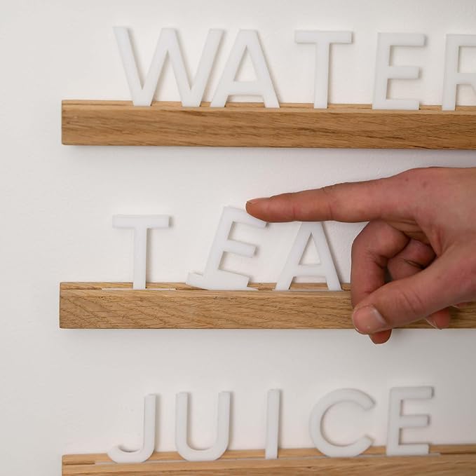 Inko Horeca Wooden Wall Letter Board - Set of 10 Oak Rails + 400 Changeable White Letters - Floating Wall Menu Display Shelf for Cafe, Bar, Kitchen, and Home Decor