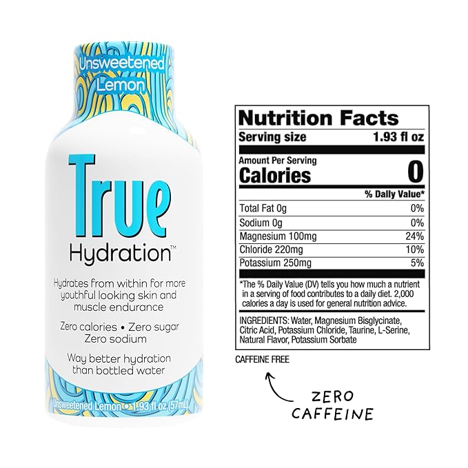 True Hydration Electrolyte Shots, 24-Pack – Supports Sleep Quality, Daily Wellness & Muscle Cramps – Magnesium, Potassium & Taurine – Zero Sugar, Zero Sodium – Unsweetened Lemon
