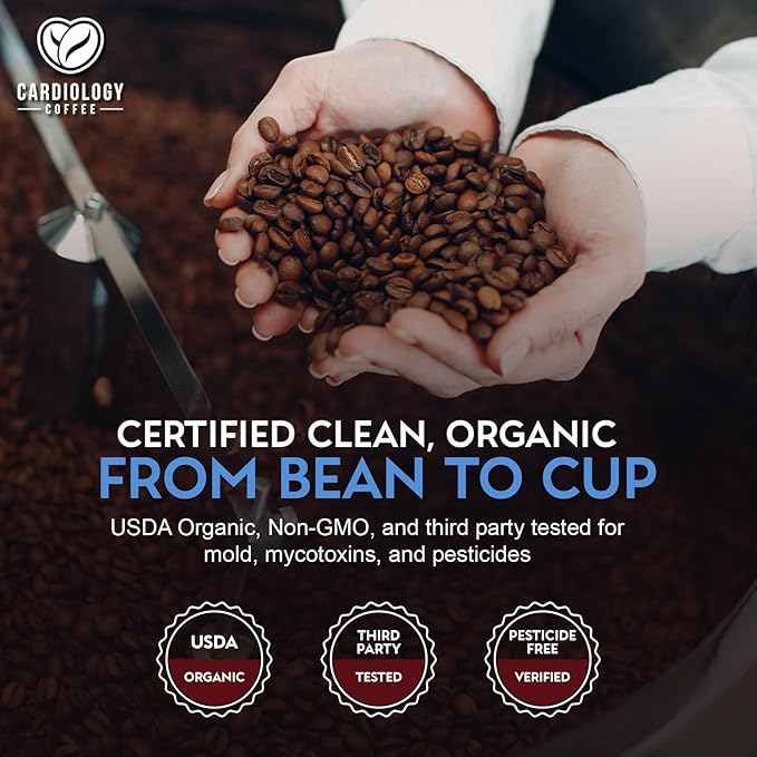 Cardiology Coffee – Decaf Coffee Beans – USDA Certified Organic, Mold Free 12oz Premium Whole Bean Coffee Dark Roast – Decaf Espresso Beans with Swiss Water Decaf and Antioxidant Benefits – Heart Healthy Lifestyle