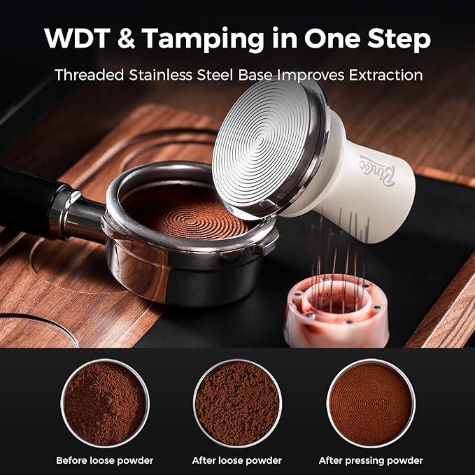 Bincoo 58mm 2-in-1 Coffee Tamper & WDT Tool,Espresso Tamper with Distributor Stirrer Function,Magnetic Espresso Tamper with 12 Needles,Stainless Steel Base Tamper Espresso Tool (Pink)