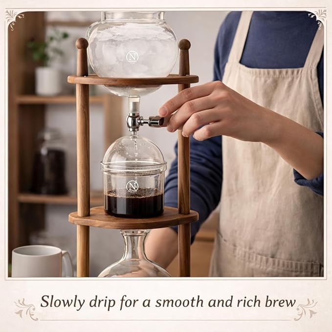 Nispira Cold Brew coffee Maker Ice Coffee Drip Machine with Advanced Slow Drip Technology Borosilicate Glass with Wood Tower, 6-8 Cup, Brown