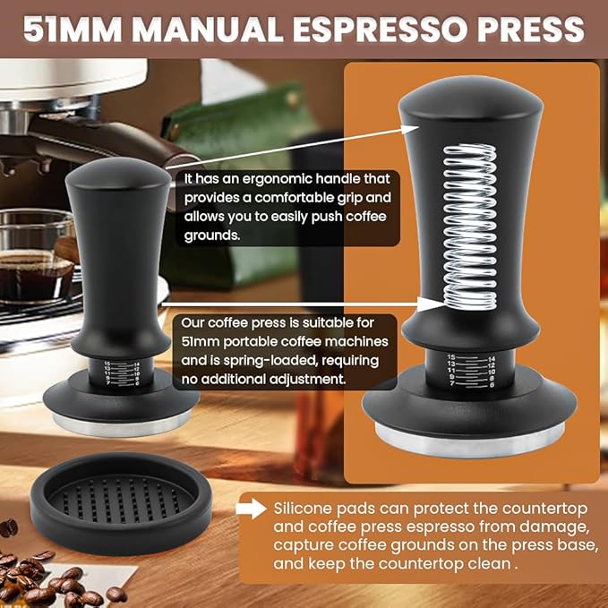 51mm Espresso Accessories Kit:Spring Loaded Calibrated Tamper,WDT Tool Espresso,Magnetic Dosing Funnel,Distribution Needle,Latte Art Pin,Fits Espresso Coffee Machines