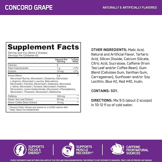 Optimum Nutrition Amino Energy Powder, Concord Grape, 20.6 Ounce, 65 Servings with Essential Amino Energy Plus Electrolyes Sparkling Drink, Grape, 12 Count - Bundle Pack