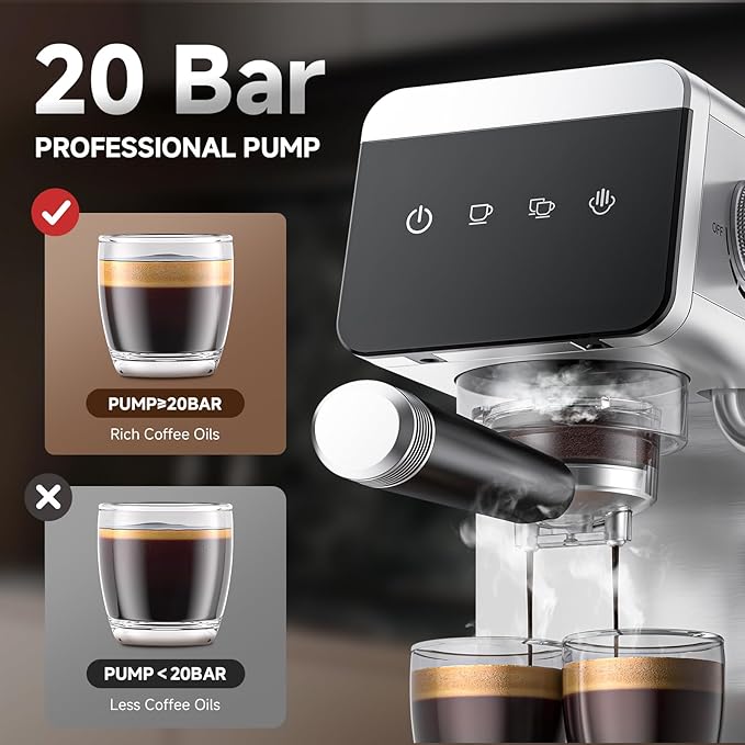 AMZCHEF Espresso Coffee Machine | 20 Bar Pressure System | LED Touch Screen | Compact Design Perfect for Home & Office | 41oz Water Tank