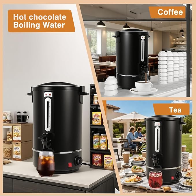 Hijolla Commercial Coffee Urn，110 Cups/16.5L Black Stainless Steel Large Coffee Dispenser，Double Wall Electric Coffee Urn，Electric Coffee Maker Urn，Commercial Percolate Coffee Maker Hot Water Urn
