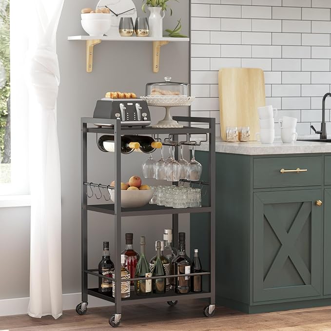TUTOTAK Bar Cart, Home Bar Serving Cart, Microwave Cart, Drink Cart, Mobile Kitchen Shelf with Wine Rack and Glass Holder, Rolling Beverage Cart Living Room, Kitchen, Black BC01BK032