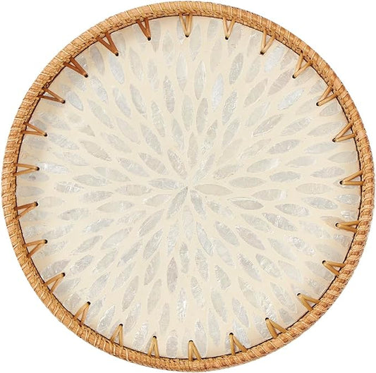 Round Rattan Tray with Mother of Pearl Inlay, Rattan Serving Tray with Wooden Base, Decorative Wicker Basket for Table Decor, Storage and Display of Coffee Bread Food Fruit (Leaf 2)