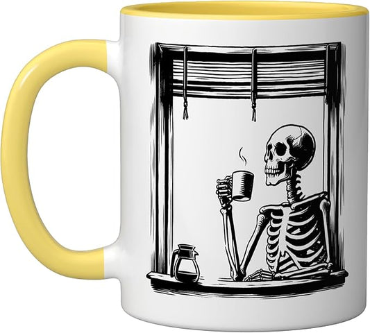 Skeleton Drinking Coffee - Minimalist Graphic Coffee Lover Ceramic Mug, Yellow/White