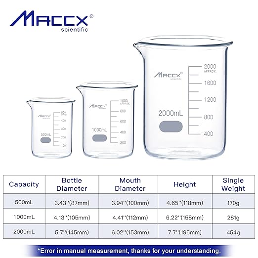 Sturdy Glass Beakers, 3 Sizes of 500ml 1000ml 2000ml,3.3 Borosilicate Griffin Low Form with Printed Graduation, BKLS05-003