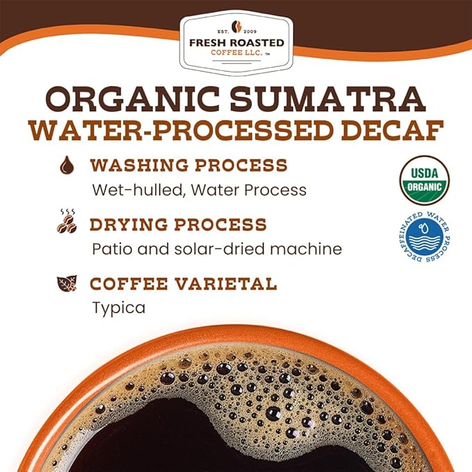 Fresh Roasted Coffee, Organic Sumatra Water-Processed Decaf | 100% Single Origin, USDA Organic, Kosher | Medium Roast 12 oz Whole Bean