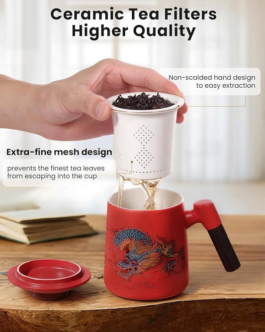 Porcelain Tea Cup with Infuser and Lid,Ceramic Tea Mug for Loose Leaf,Tea Strainer Cup with Wood Handle,Chinese Dragon Red Cup,All Ceramic Infuser,BPA-Free for Tea Lovers/Birthday/Valentine's Day