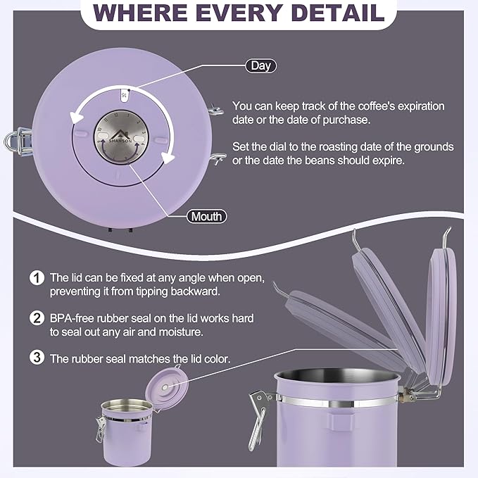 ShanSon Coffee Canister Airtight Coffee Container Stainless Steel Coffee Bean Storage Container with Scoop Coffee Canister for Beans Grounds Sugar Flour Tea Cereal,22OZ, Purple Upgraded Version