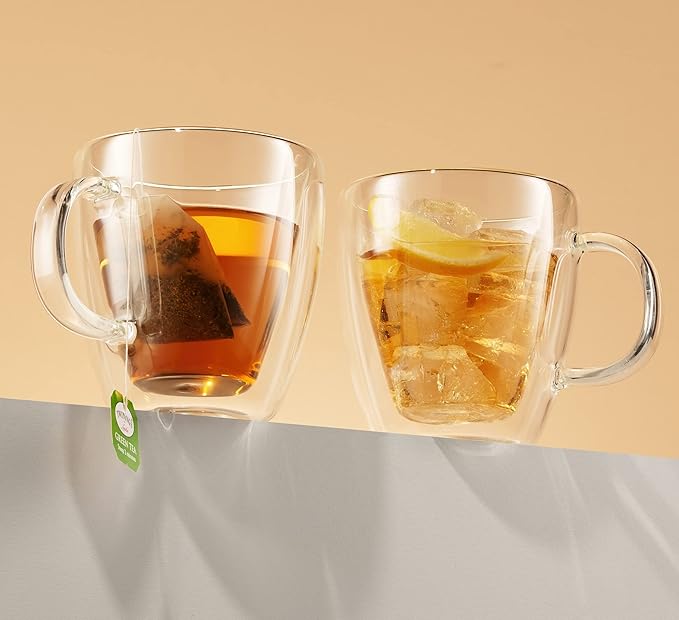 Godinger Coffee Mug Set, Glass Coffee Mugs, Double Wall Insulated Glass Coffee Cups, Espresso Cups, Tea Cup - 13.5oz, Set of 2