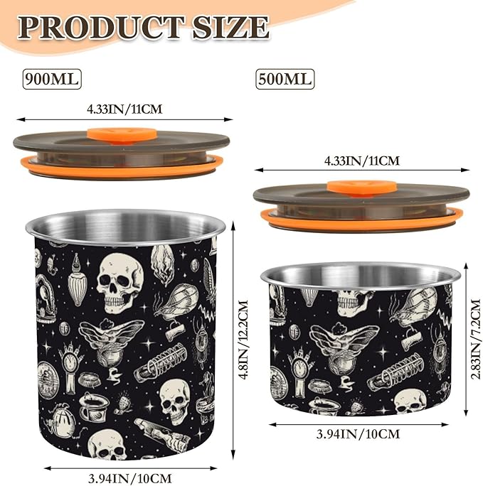 ALAZA Skull Witchy Airtight Coffee Bean Canister 900ml Food Storage Containers with Lids For Gournd, Tea, Sugar, Flour, Rice, Cereal, Candy Cookie Jar